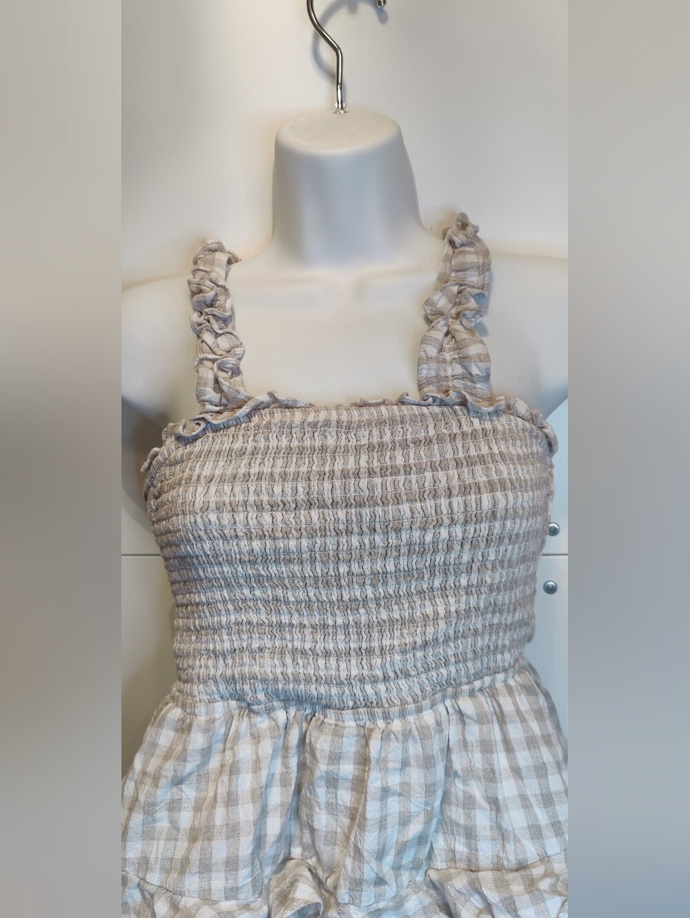 MABLE Gingham Smocked Tiered Ruffle Tie Back Mini Dress M - Picture 2 of 7